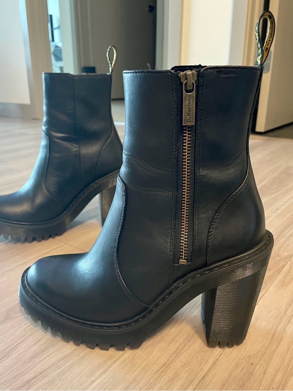 Dr. Martens Black Leather Chunky Heel Zip Ankle Boots